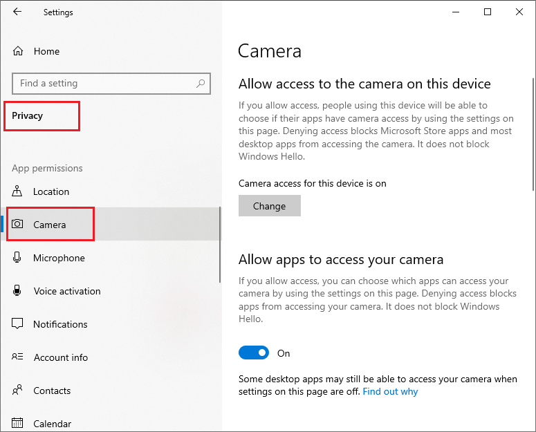 selecteer de camera-optie in de lijst met app-machtigingen