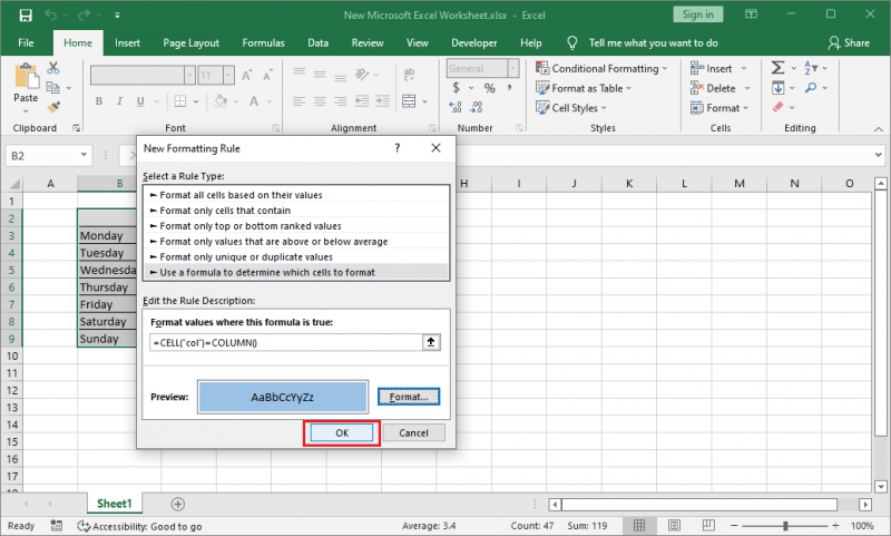 klik op OK om de nieuwe regel toe te passen