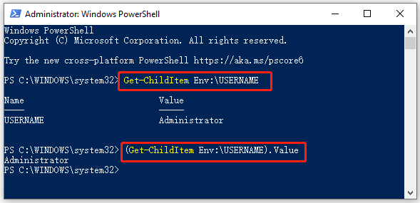 вземете потребителското име с помощта на env PowerShell