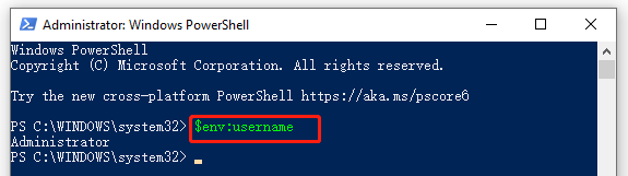 вземете потребителско име PowerShell чрез env