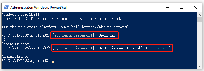 вземете потребителско име PowerShell с помощта на NET Environment