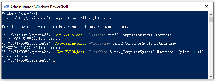 вземете потребителско име PowerShell чрез класа Win32 ComputerSystem