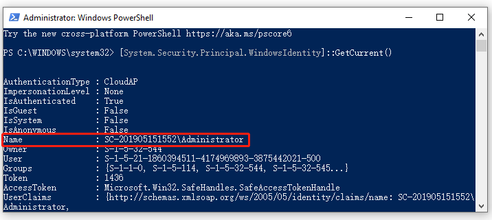 вземете потребителско име PowerShell чрез WindowsIdentity