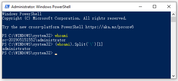 вземете потребителско име PowerShell чрез Whoami