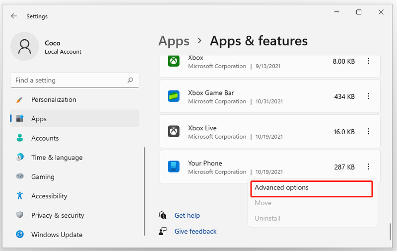 selecteer Geavanceerde opties voor Uw telefoon Windows 11