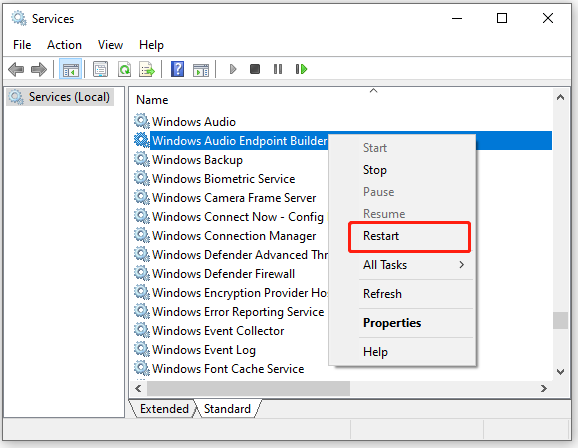 genstart Windows Audio Endpoint Builder-tjenesten
