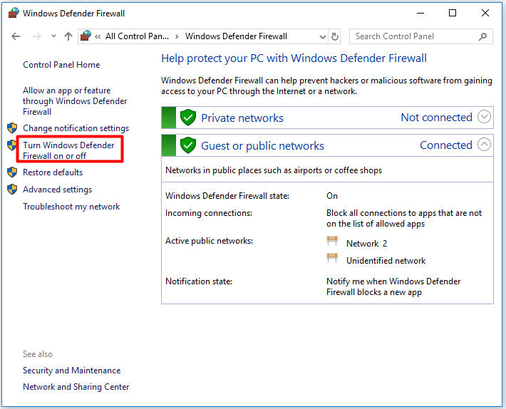 щракнете върху Включване или изключване на защитната стена на Windows Defender
