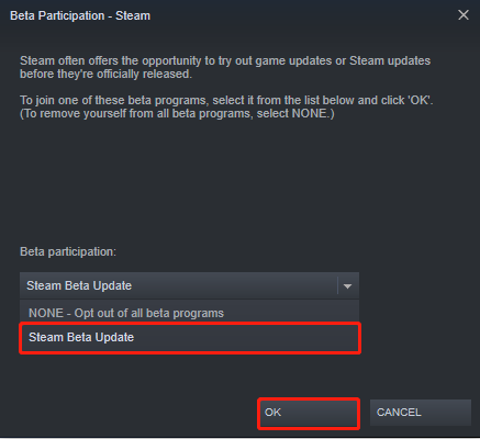   Velg Steam Beta Update