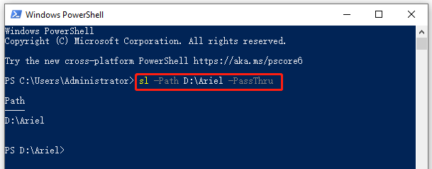   променете директория PowerShell с помощта на командата sl
