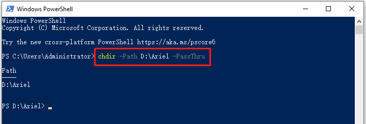   променете директория PowerShell с помощта на cmdlet chdir