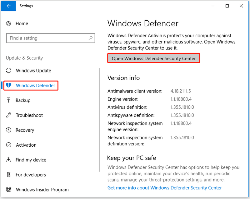 klik op de optie Open Windows Security Center Service