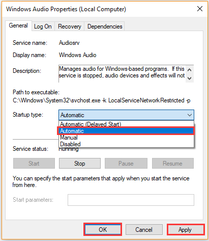 променете услугата Windows Audio на Автоматично