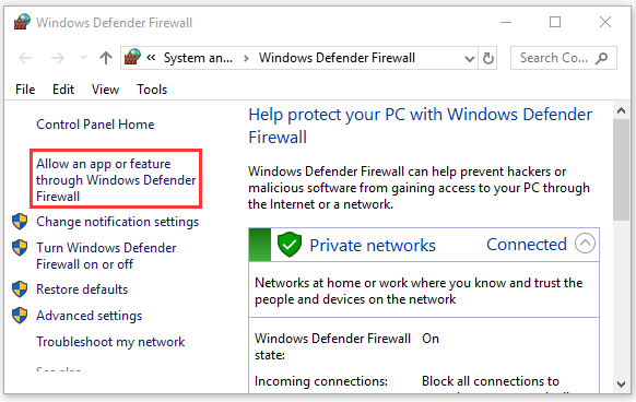 Разрешете приложение или функция през защитната стена на Windows Defender