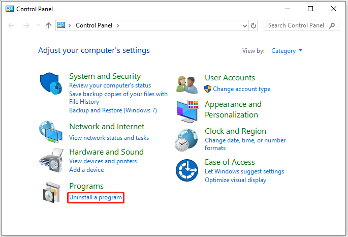 fare clic su Disinstalla un programma