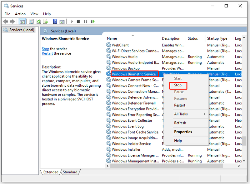 намерете Windows Biometric Service и щракнете върху Stop