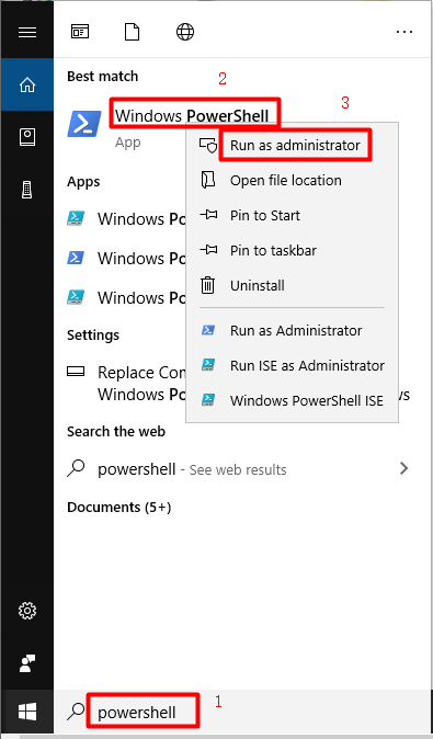 käivitage otsingukastist administraatorina PowerShell Run