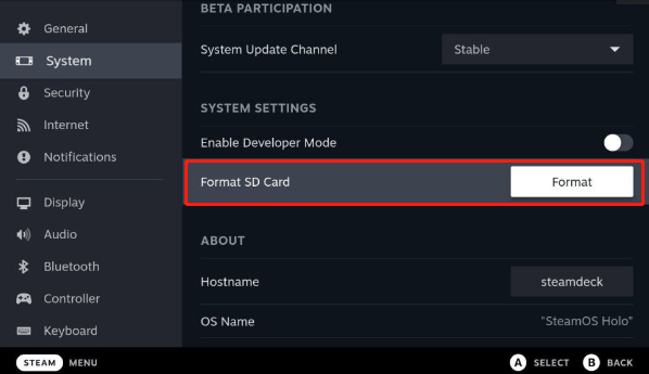 Отформатируйте SD-карту с помощью Steam Deck.