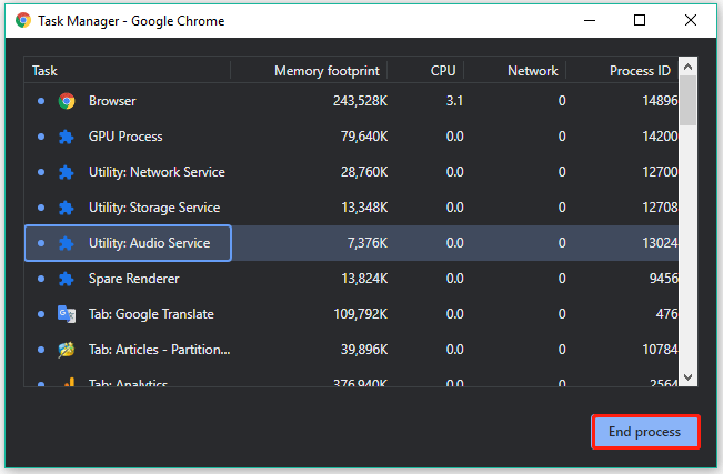 avslutte en prosess via Google Task Manager