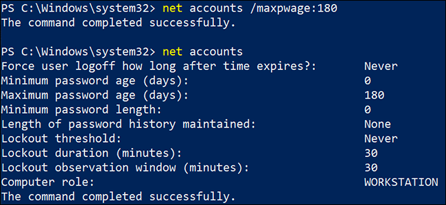 stel de maximale wachtwoordleeftijd in via Windows PowerShell