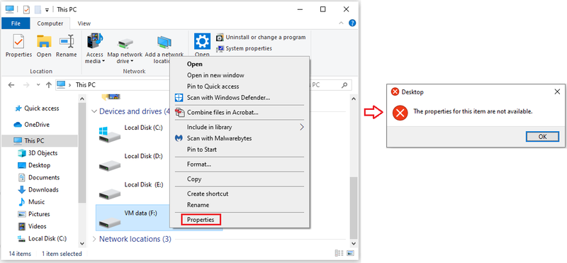 щракнете с десния бутон върху свойствата, които не работят Windows 10
