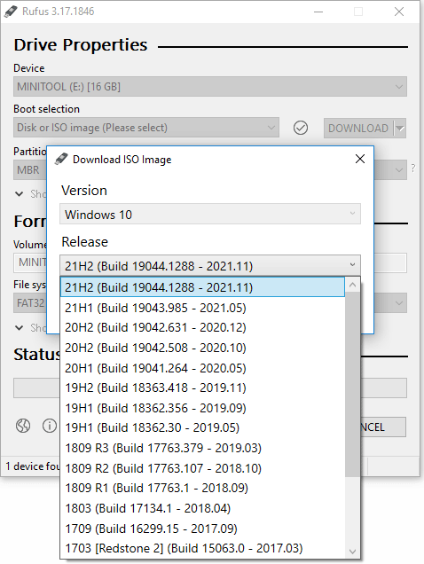 vælg Windows 10 build