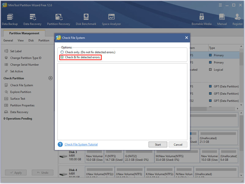 selecteer Check & repareer gedetecteerde fouten