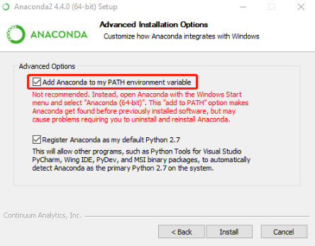 выберите Добавить Anaconda в мою переменную среды PATH