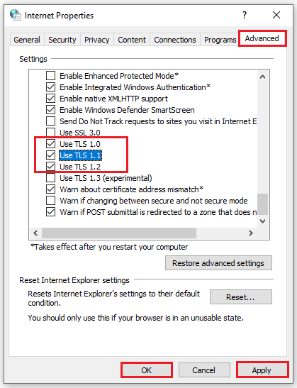 включить TLS 1.0, TLS 1.1 и TLS 1.2