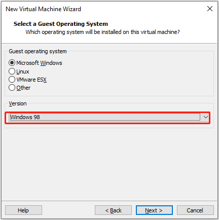 maak een Windows 98 VM