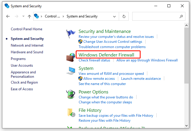 щракнете върху Защитна стена на Windows Defender