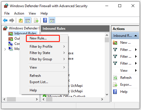 изберете Ново правило в защитната стена на Windows Defender