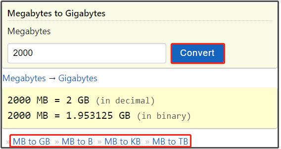 megabyte naar gigabyte