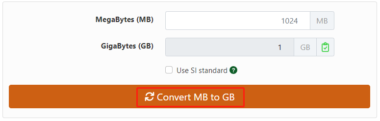 converteer MB naar GB