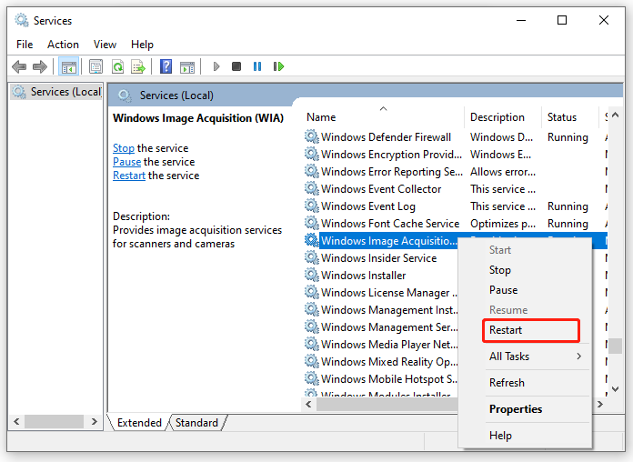 Starten Sie den Windows-Bilderfassungsdienst neu
