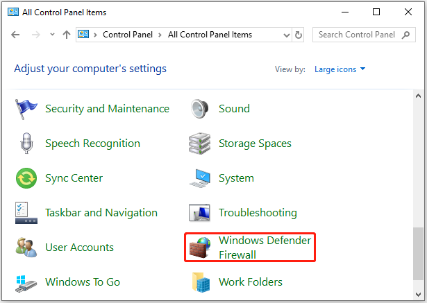 vælg Windows Defender Firewall