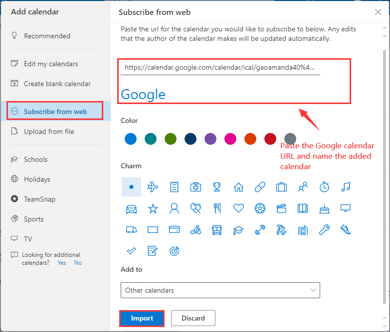 импортирайте календара на Google в Outlook