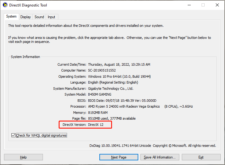   tjek DirectX-versionen