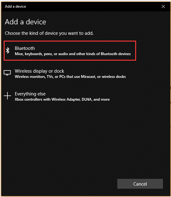 vælg Bluetooth i vinduet Tilføj en enhed