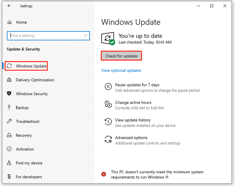 klik op Controleren op updates