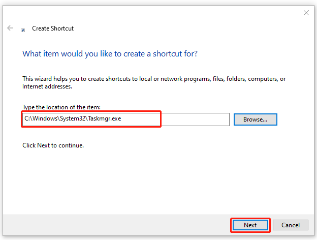 oprette en Task Manager-genvej