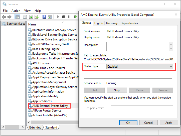 деактивирайте услугата AMD External Events Utility