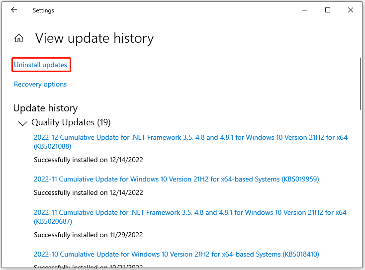 klik på Afinstaller opdateringer