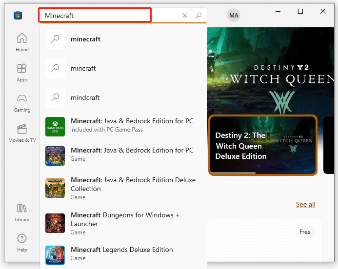 selecteer Minecraft in de Microsoft Store