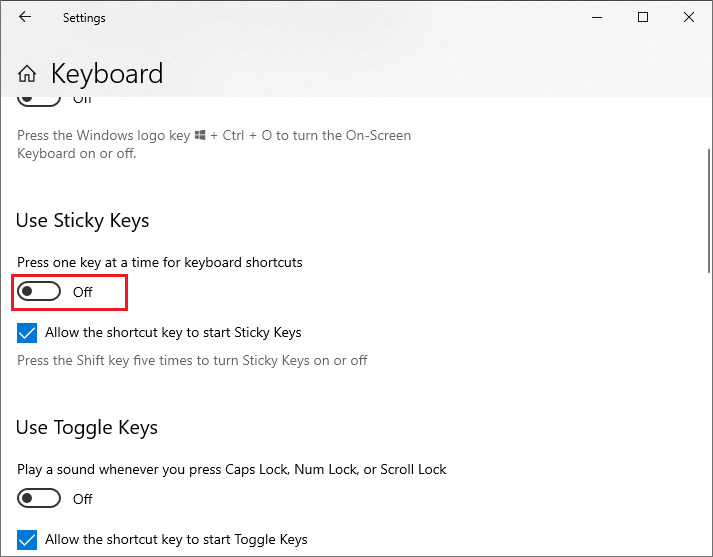 poista käytöstä Käytä Sticky Keys -näppäintä