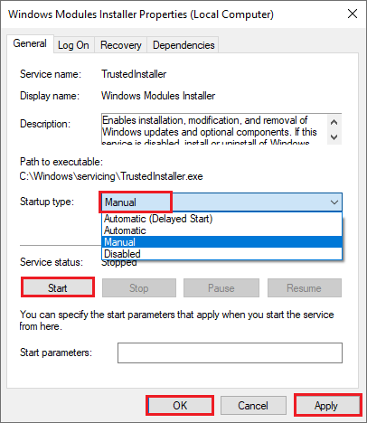 ændre status for Windows Modules Installer