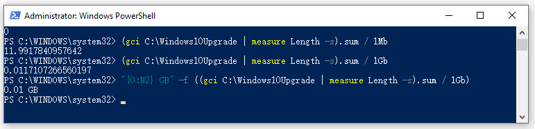 показать размер папки в мегабайтах или гигабайтах PowerShell