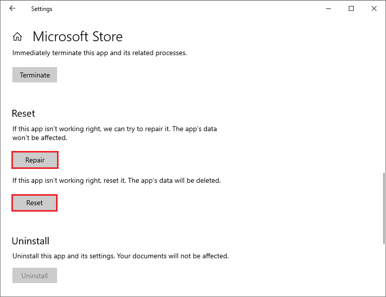   восстановить или сбросить приложение Microsoft Store