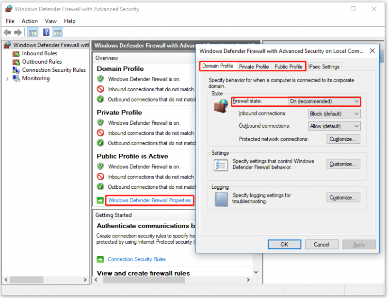   Windows Defender Güvenlik Duvarı'nın tüm profilleri için güvenlik duvarını devre dışı bırakın