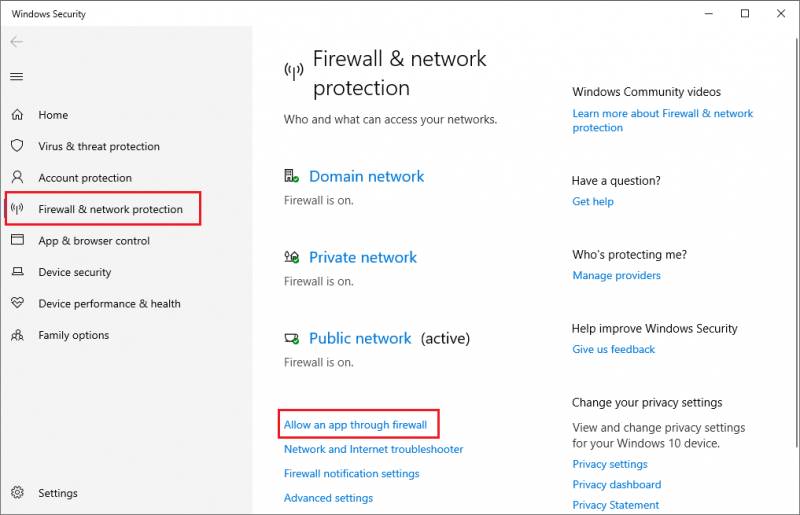   vælg Tillad en app gennem firewall-indstillingen