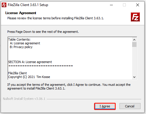 ga akkoord met de licentie voor FileZilla